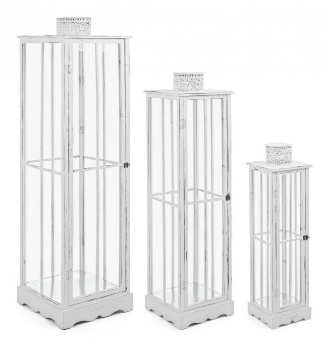 Set di 3 Lanterne Astana Bianco - Dimensioni: 40x40x150 cm, 32x32x125 cm, 24x24x90 cm
