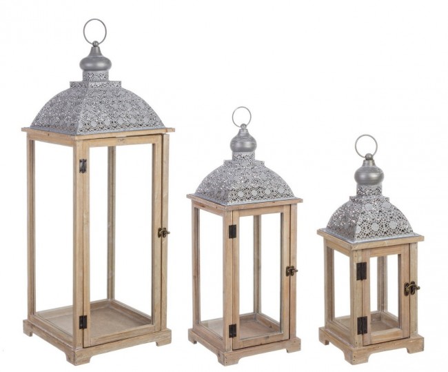 Set3 Lanterna Oberlech Nat - Elemento Decorativo in Legno di Abete e Compensato - Design Classico con Pareti in Vetro Trasparente - Dimensioni: 30x30x81 cm, 23x23x61 cm, 16x16x40 cm
