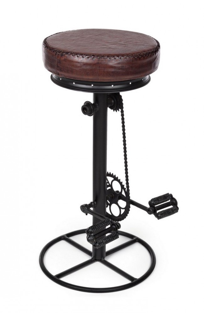 Sgabello Bar Cycle H80 in Acciaio e Vera Pelle