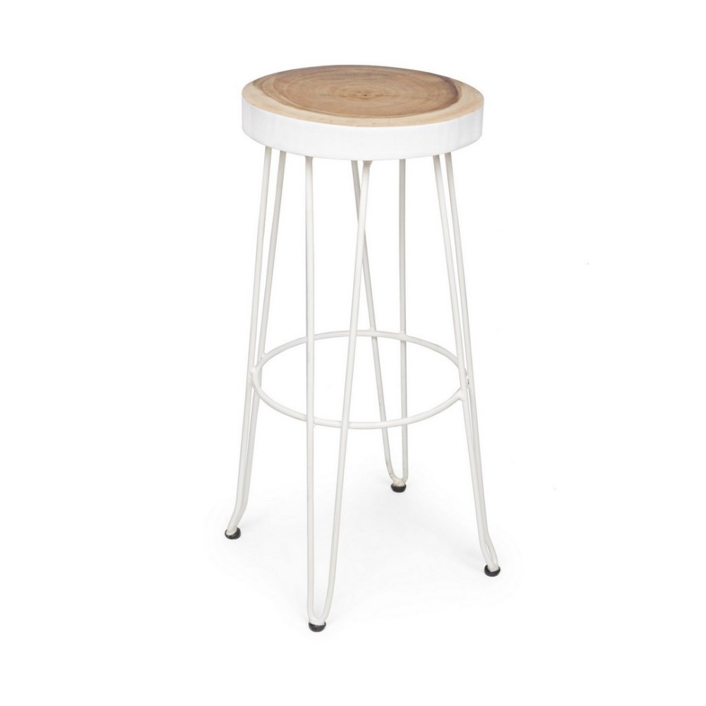 Sgabello bar bianco in legno stile naturale - Seduta ø33 cm, Gambe ø44 cm, Altezza 74 cm