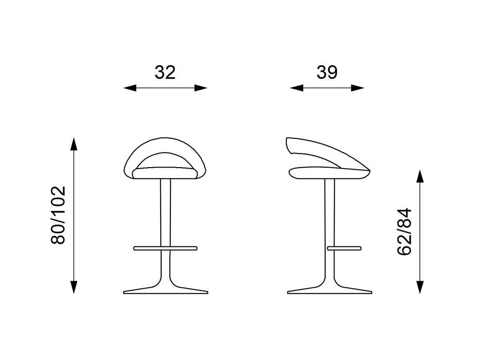 Sgabello elegante in similpelle nera con struttura in metallo, dimensioni 39x32x80/102h cm