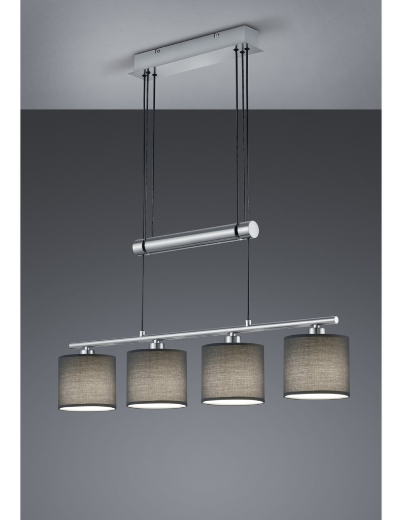 Sospensione Nichel 4 Paralumi Tessuto Grigio L77 cm