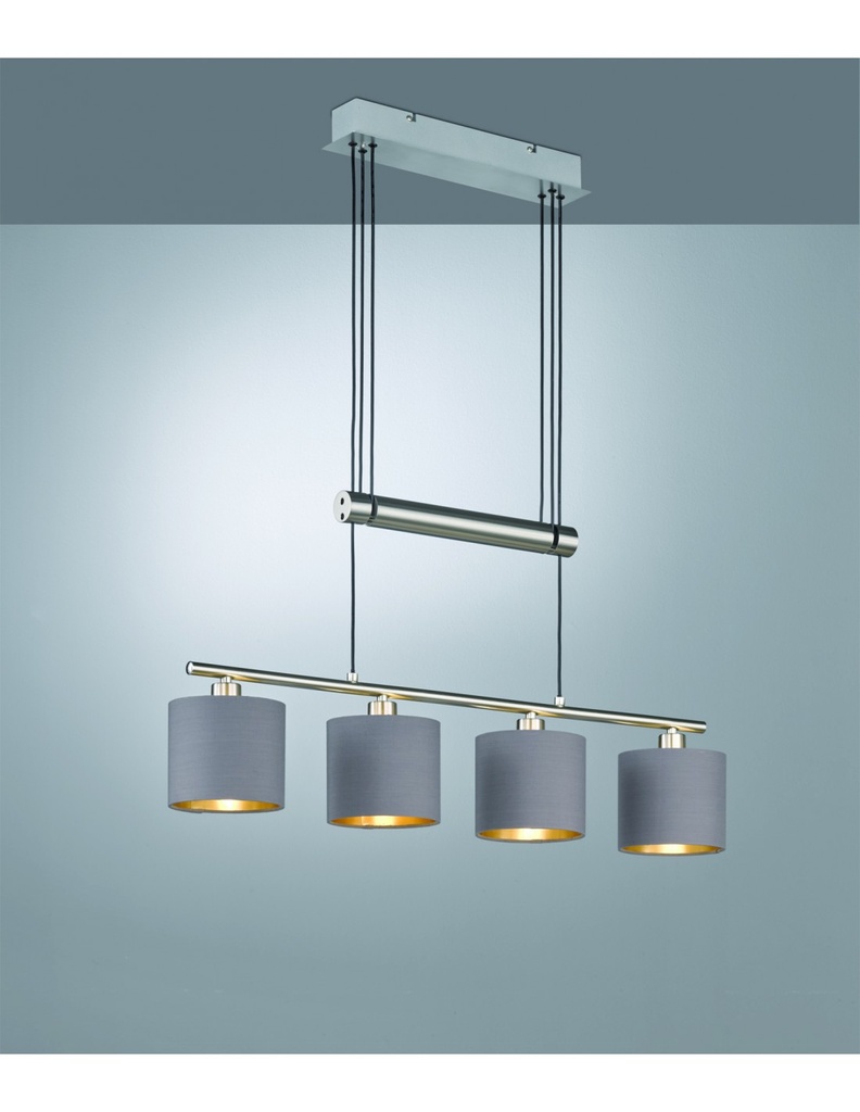 Sospensione Nichel 4 Paralumi Tessuto Tortora-Oro L77 cm