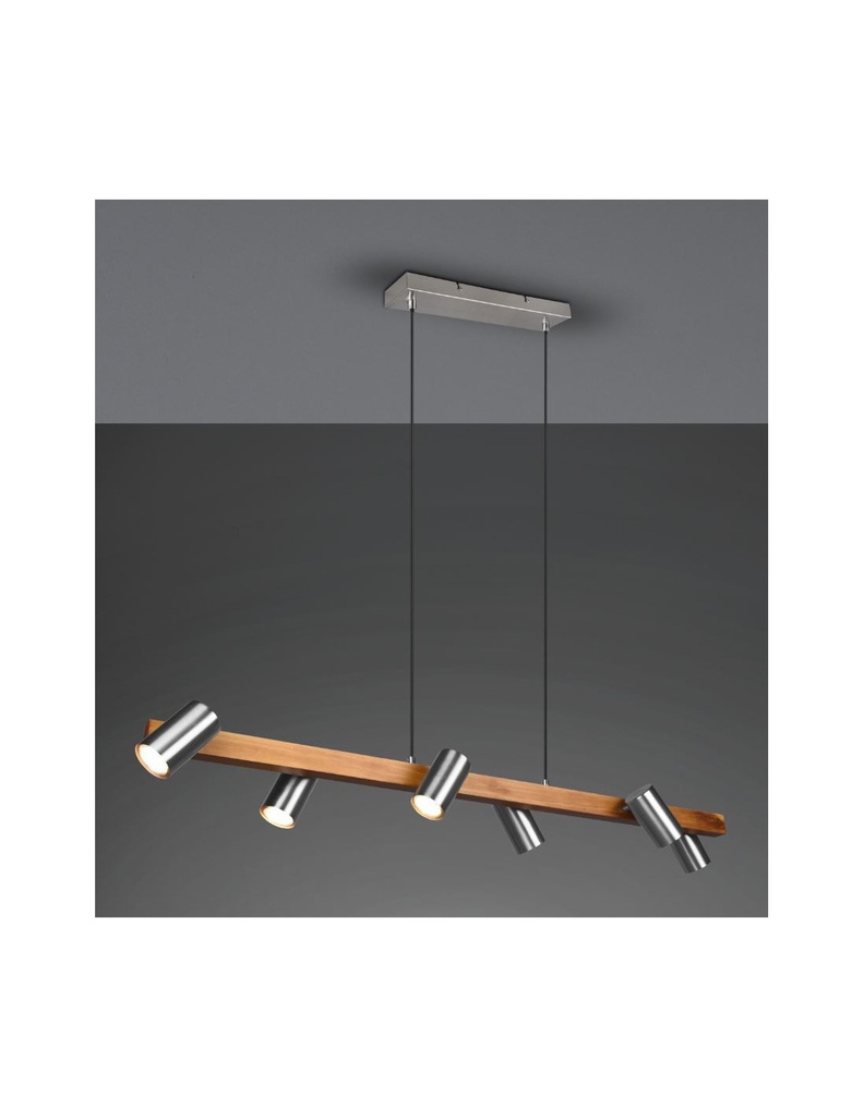 Sospensione in Legno con 6 Spot Nichel Cilindrici Orientabili