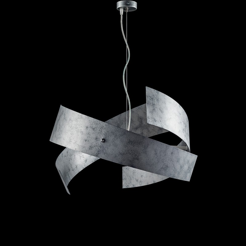 Sospensione industrial in ferro laccato con decorazione argento 3 luci  57xh.28 cm