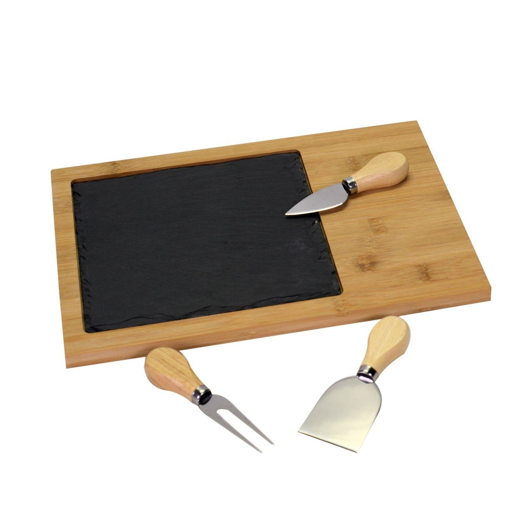 Tagliere in bambu' e ardesia per formaggio, set di 4 pezzi, rettangolare 33x24x1,5 cm