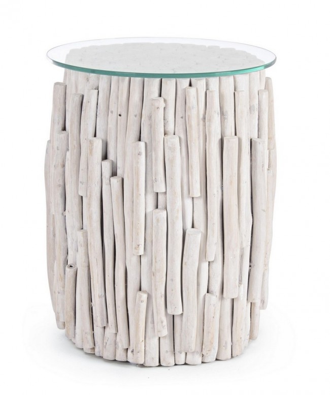 Tavolino in Teak Sbiancato con Finitura Nitrocellulosica e Vetro 8mm