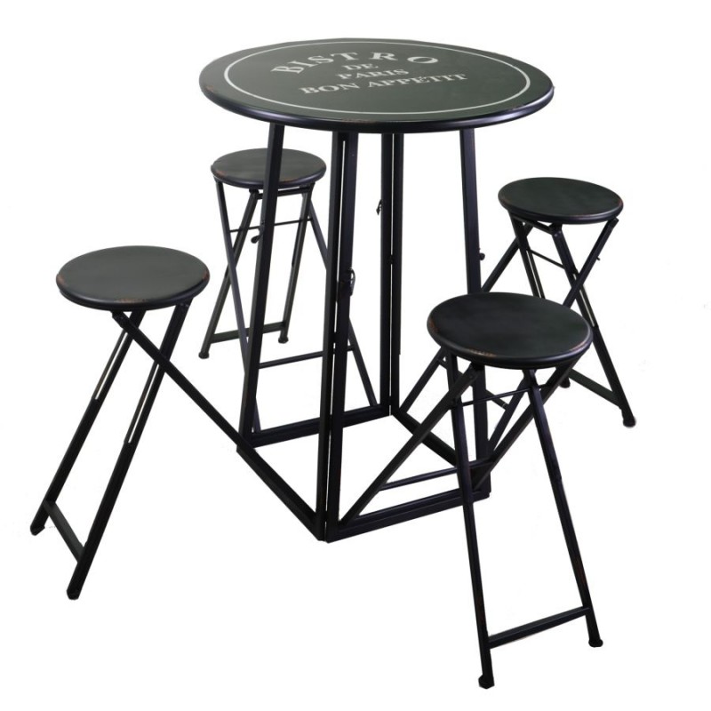 Tavolino Bistro Metallo 4 Sgabelli Nero Tondo Pieghevoli Salvaspazio 78x102 cm