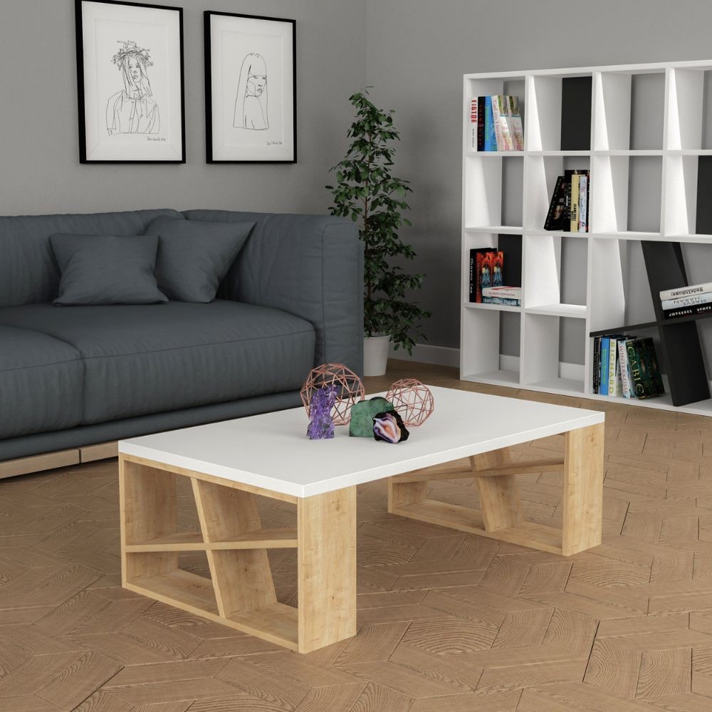 Tavolino da salotto rettangolare Honey con piano bianco e gambe rovere L 105 x P 60 x H 40 cm