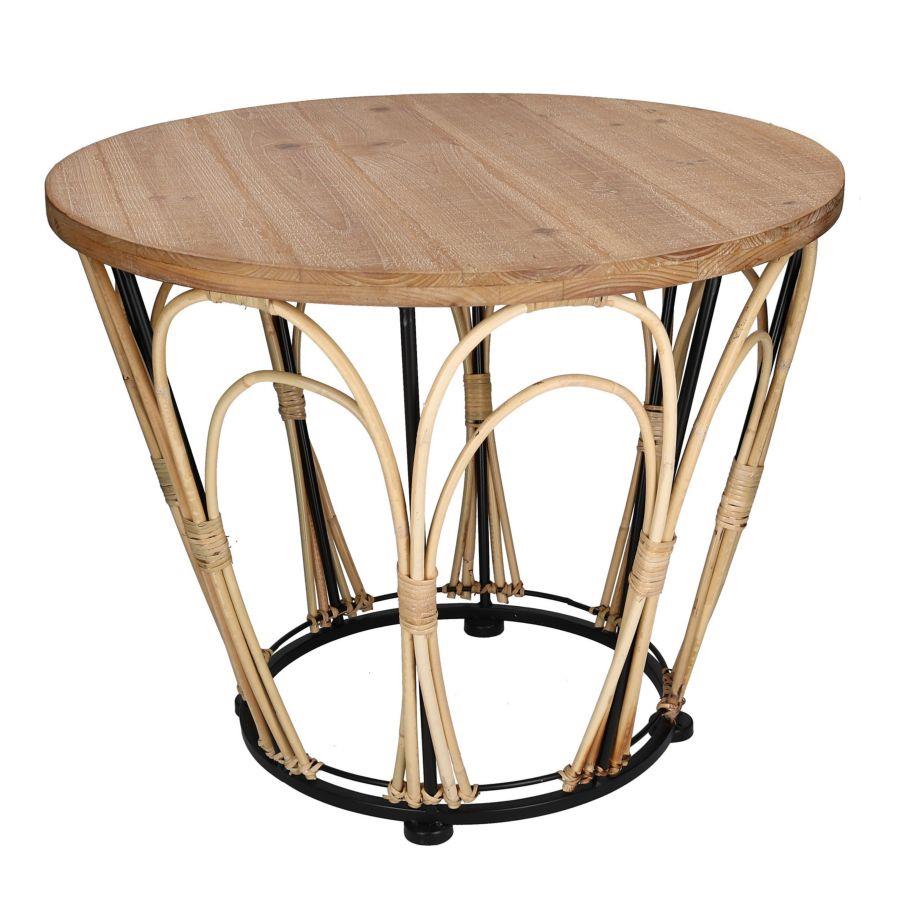 Tavolino in vimini e legno noce tondo 50,5 x 42 cm