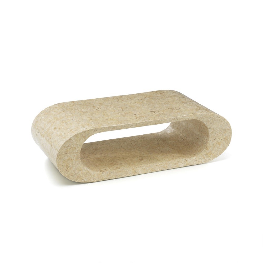 Tavolino moderno in pietra beige con base in agata bianca e struttura interna in melaminico marino, 120x62x35