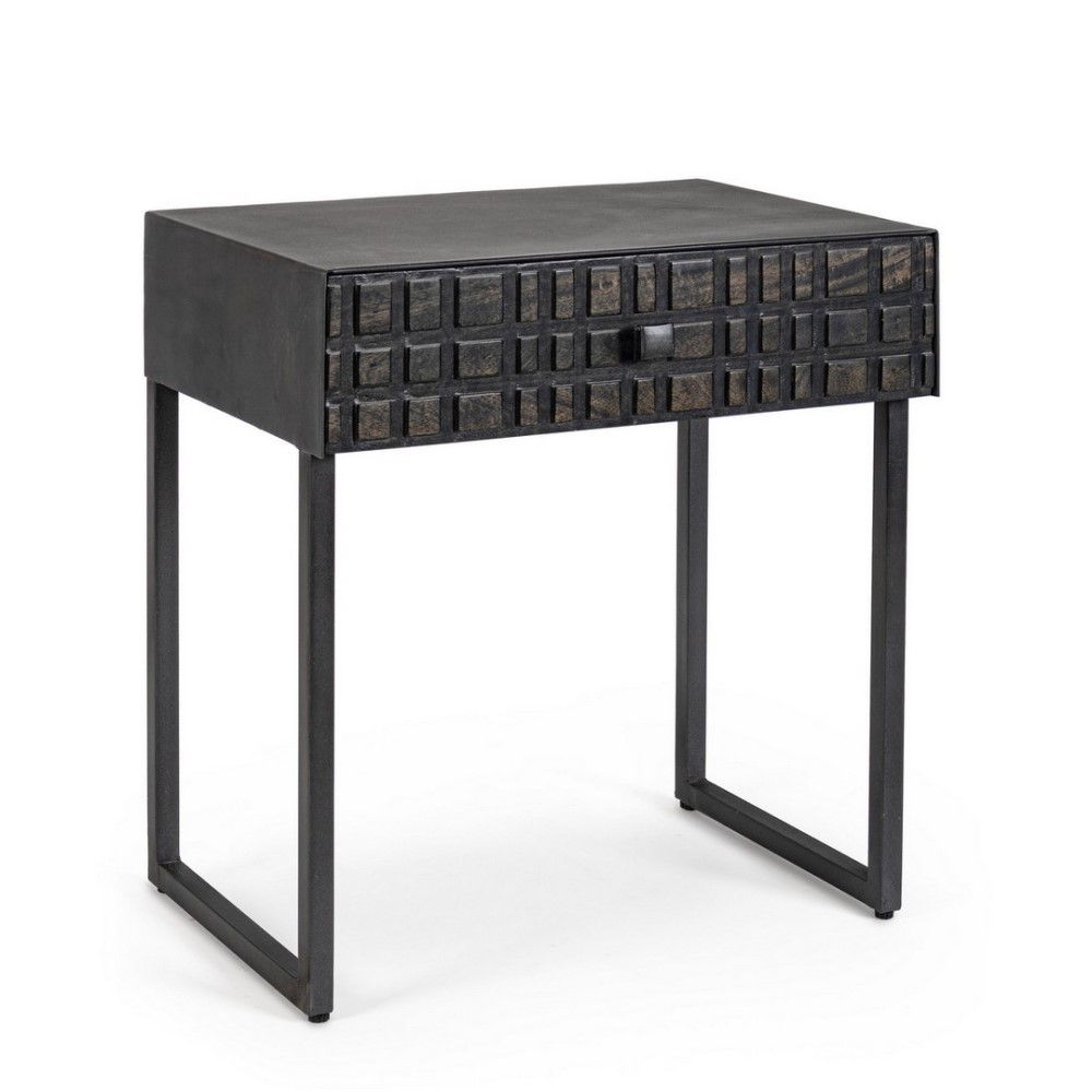 Tavolino nero con 1 cassetto in legno stile industriale 50x35x55