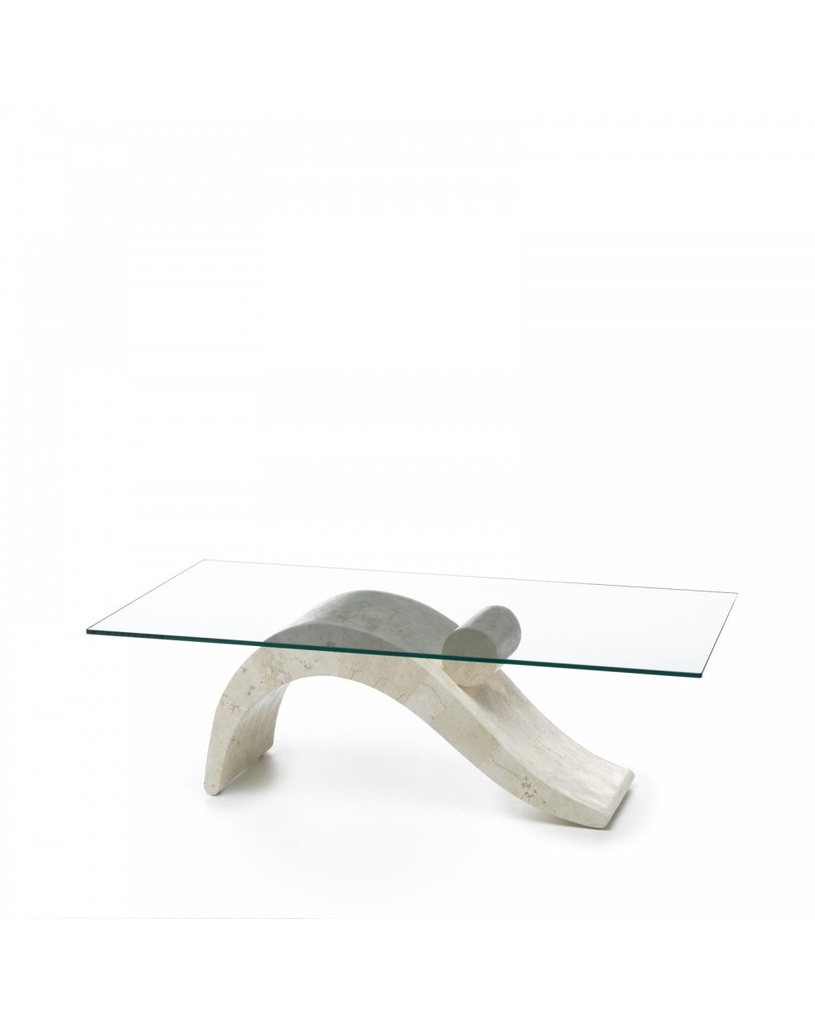 Tavolino trasparente-beige in vetro temperato e pietra fossile, 60cm x 110cm H. 40cm