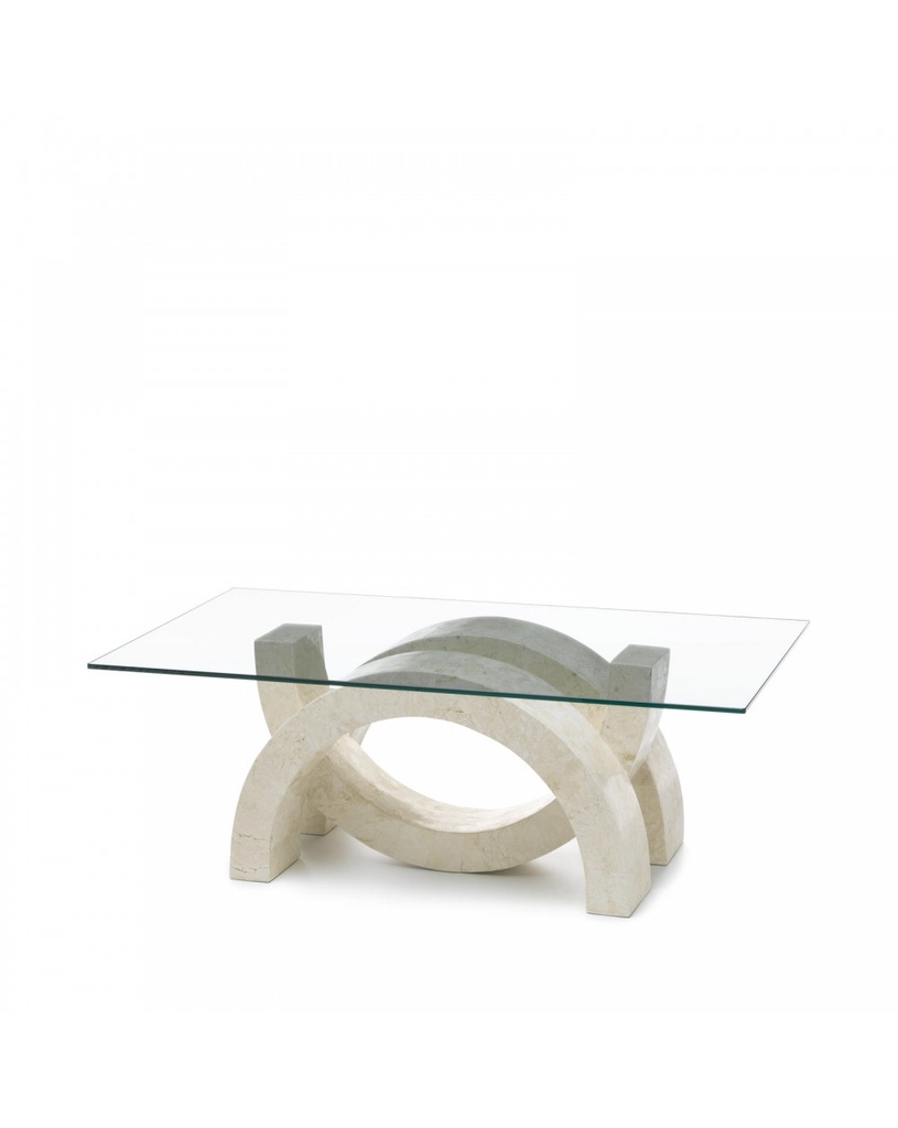 Tavolino trasparente e beige in vetro temperato e pietra fossile, 70x120x41 cm