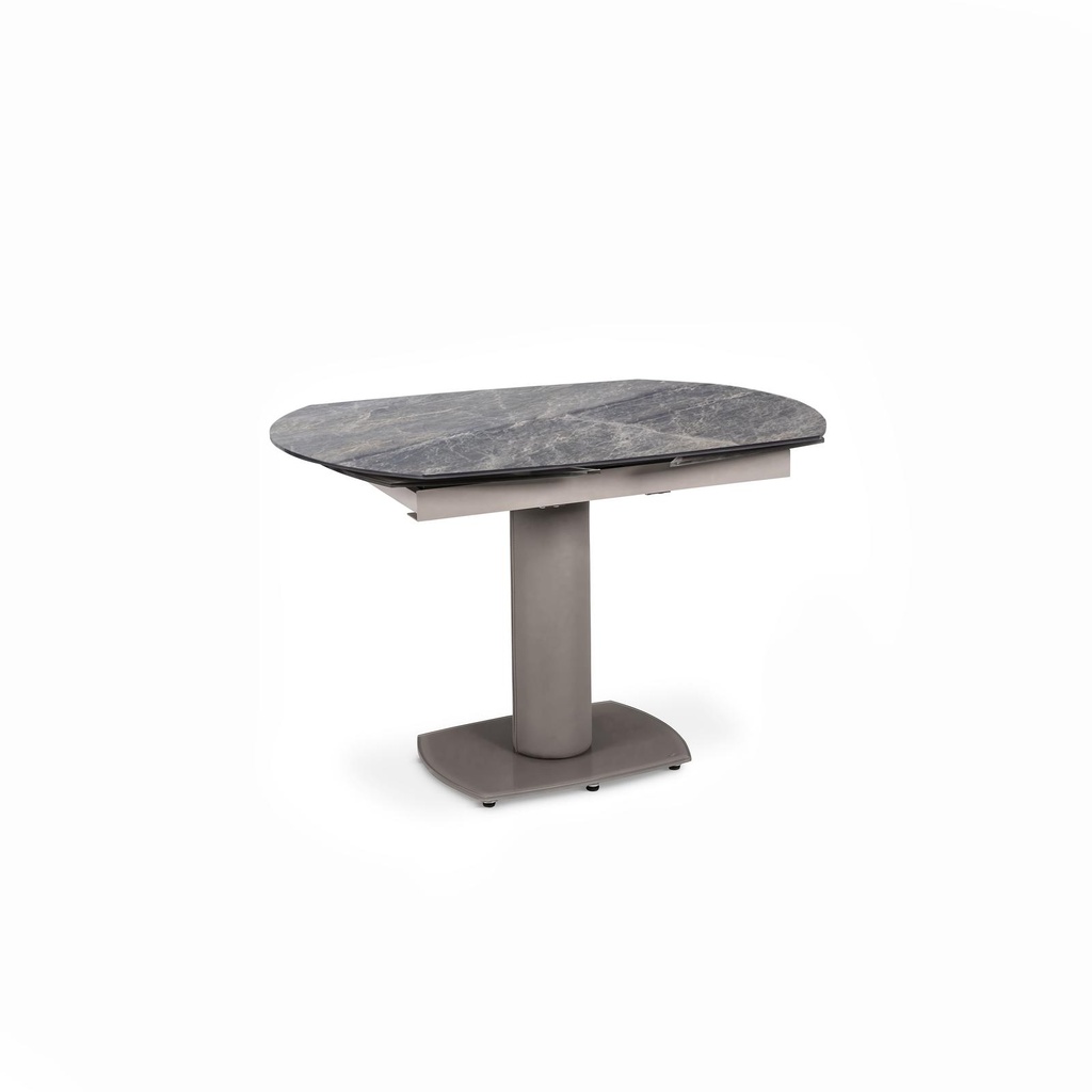 Tavolo allungabile elegante in vetro materico, finitura pietra grigia con gambe in metallo antracite, 120-180 x 90 x 76 cm