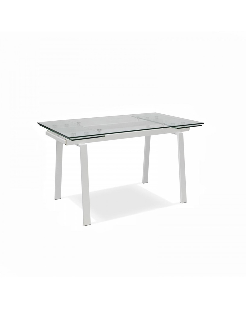 Tavolo allungabile in vetro temperato con gambe in metallo, trasparente e bianco, 140-200 x 80 x 76 cm