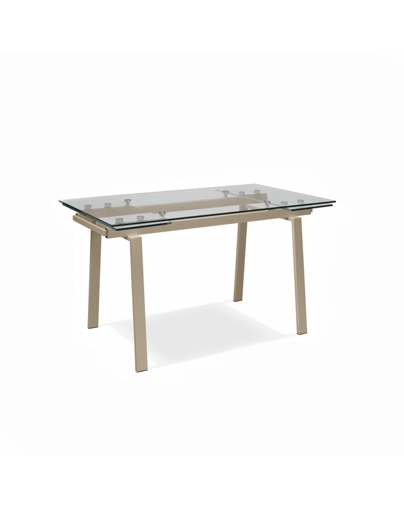 Tavolo allungabile in vetro temperato, 140-200 x 80 x 76 cm, con gambe in metallo color tortora