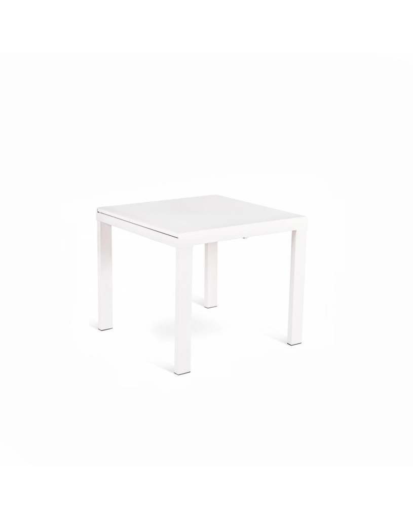 Tavolo allungabile in vetro temperato, bianco extrawhite, con gambe in metallo, 90x90/163.5x76 cm