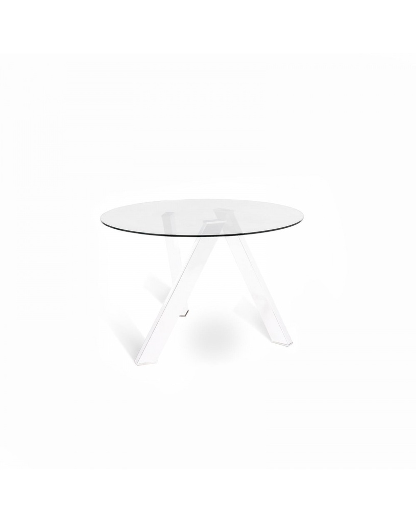 Tavolo fisso in vetro temperato e metallo, 120x120x75 cm, con gambe bianche e top trasparente