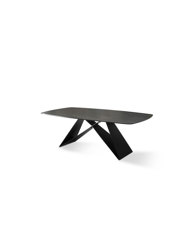 Tavolo fisso in ceramica e metallo, 220x110x76 cm, con top in ceramica portoro e gambe antracite