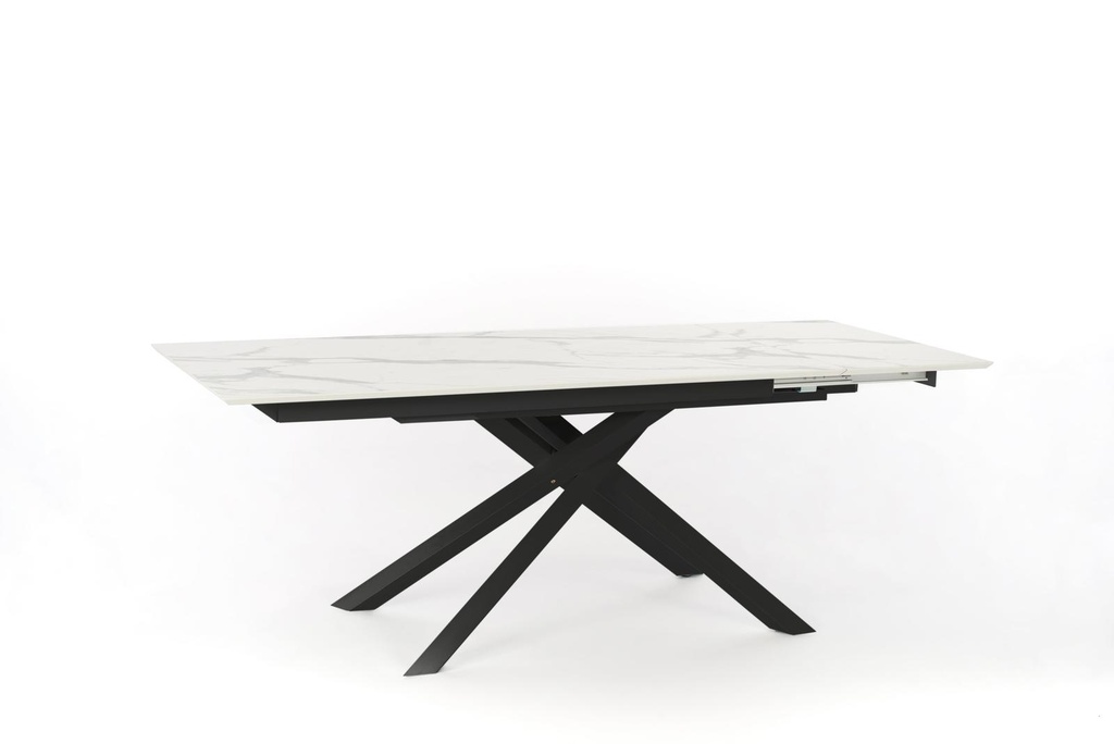 Tavolo allungabile con top in marmo calacatta, gambe in metallo nero, 170/270x90x76 cm
