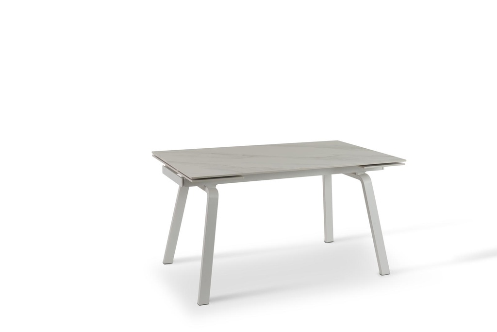 Tavolo allungabile con top in pietra effetto marmo bianco, gambe in metallo, 140/200x80x76 cm