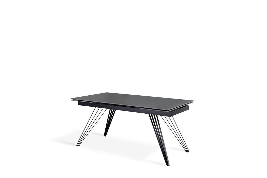Tavolo allungabile in ceramica grigio vintage con gambe in metallo nero opaco, dimensioni 90x160-240x76 cm