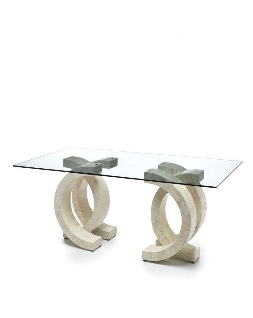 Tavolo fisso 180x100 in vetro temperato trasparente con base in pietra fossile beige