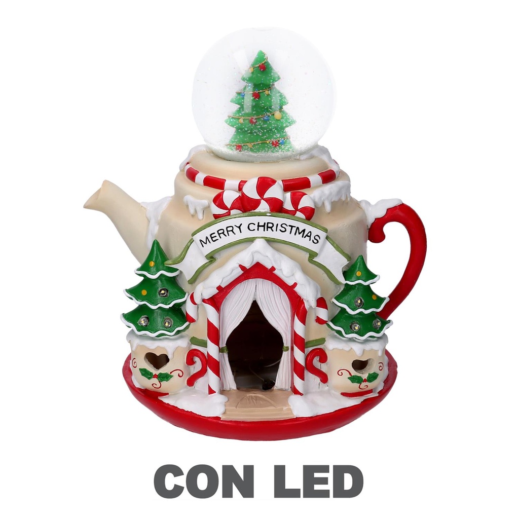 Teiera con Palla di Vetro Rossa in Resina LED - 25x22x28 cm