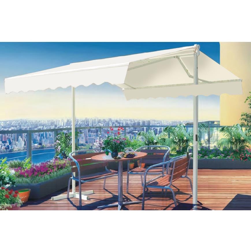 Tenda da sole doppia layton manuale con struttura in alluminio e copertura beige - Misure: 60x47x35 mm, 50x50 mm, 47x28 mm, 37x20 mm - Materiale copertura: poliestere + rivestimento in poliuretano - Grammatura copertura: 280g/m2