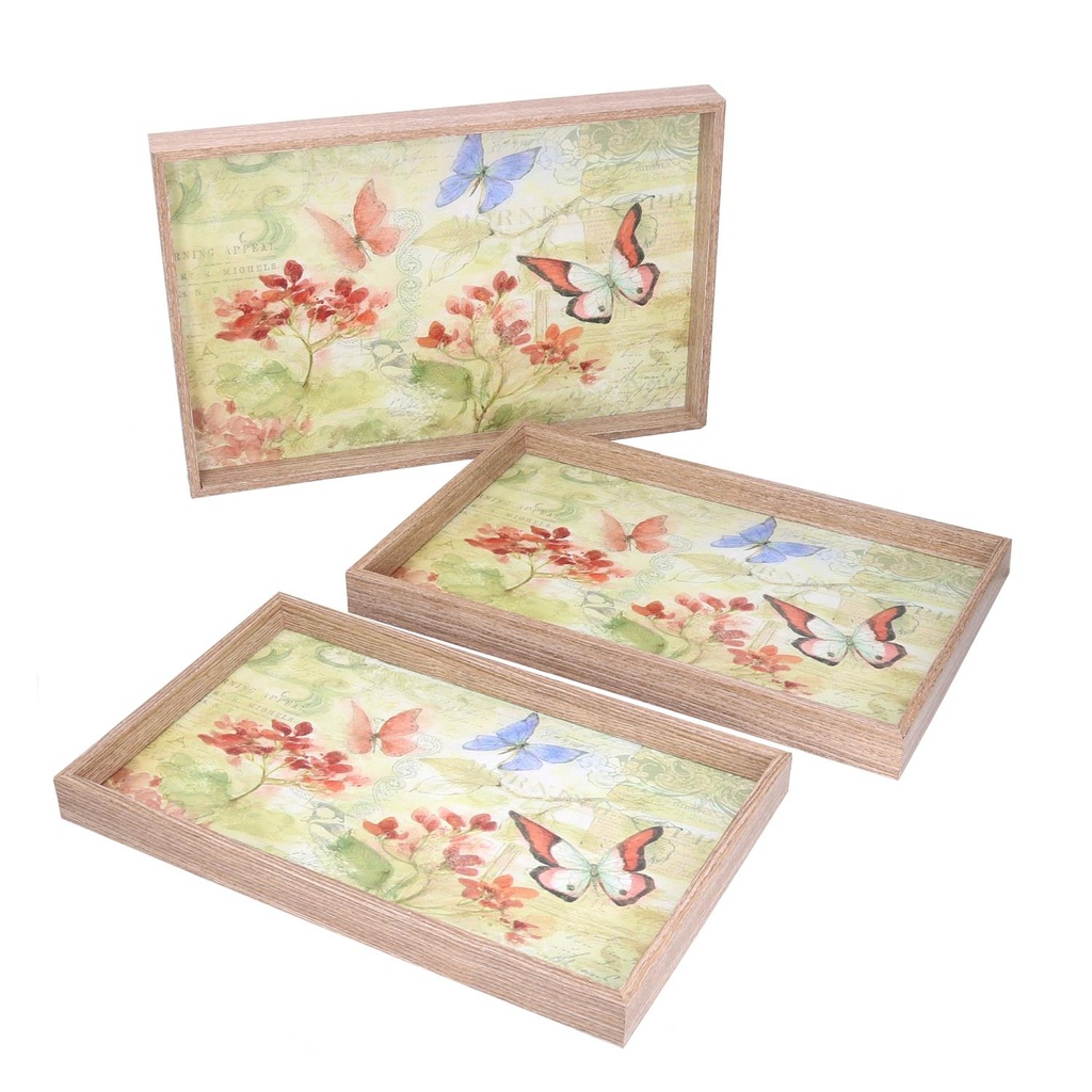 Vassoio rettangolare in legno con 1-3 farfalle verdi cm45x30h4