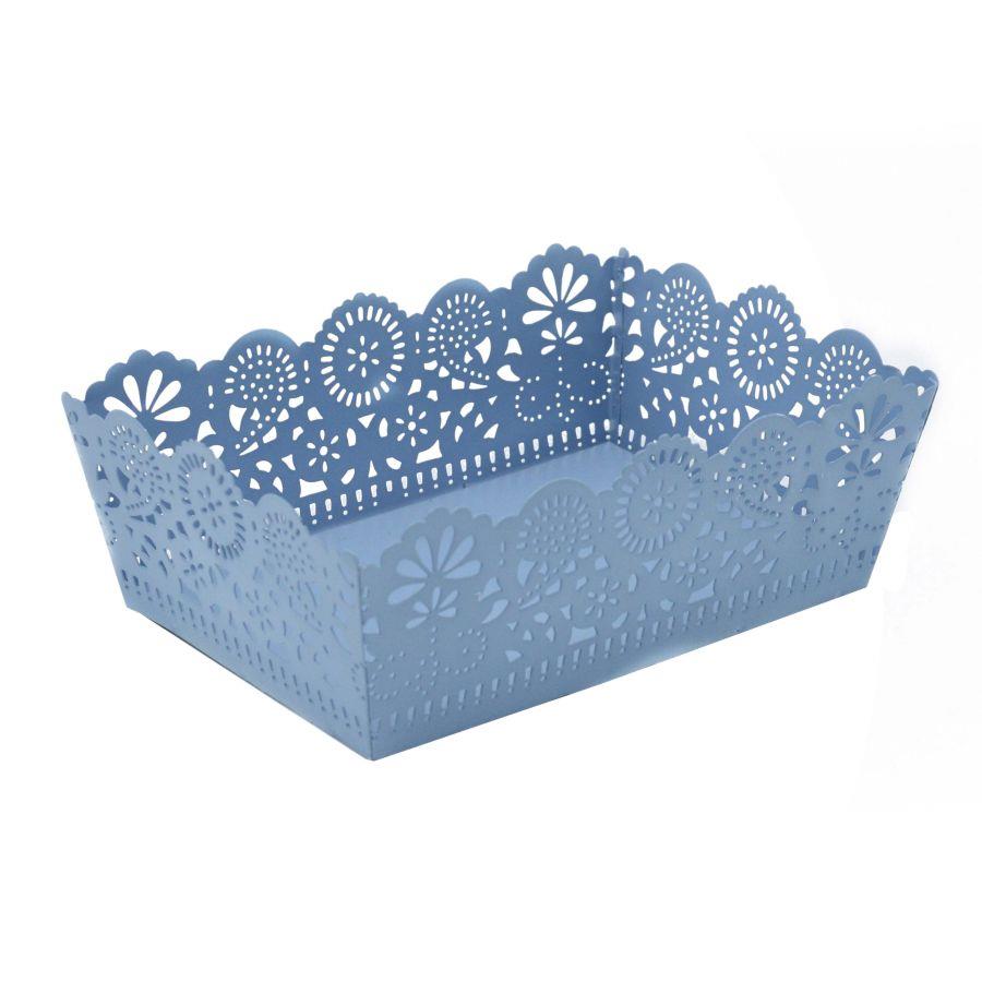 Vassoio metallo azzurro con decorazioni varie 22x15x7.5/8 cm
