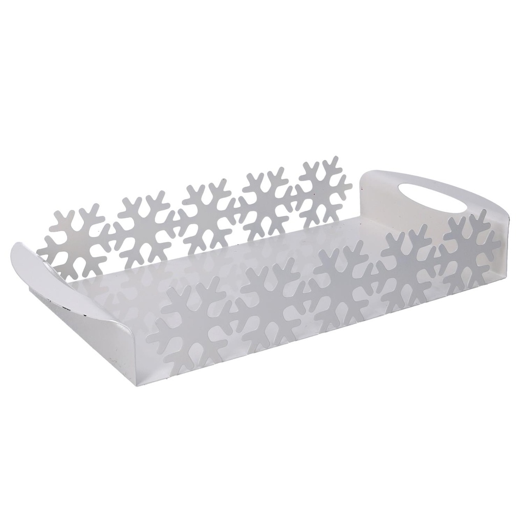 Vassoio rettangolare in metallo bianco con fiocco di neve cm41x20h6,5