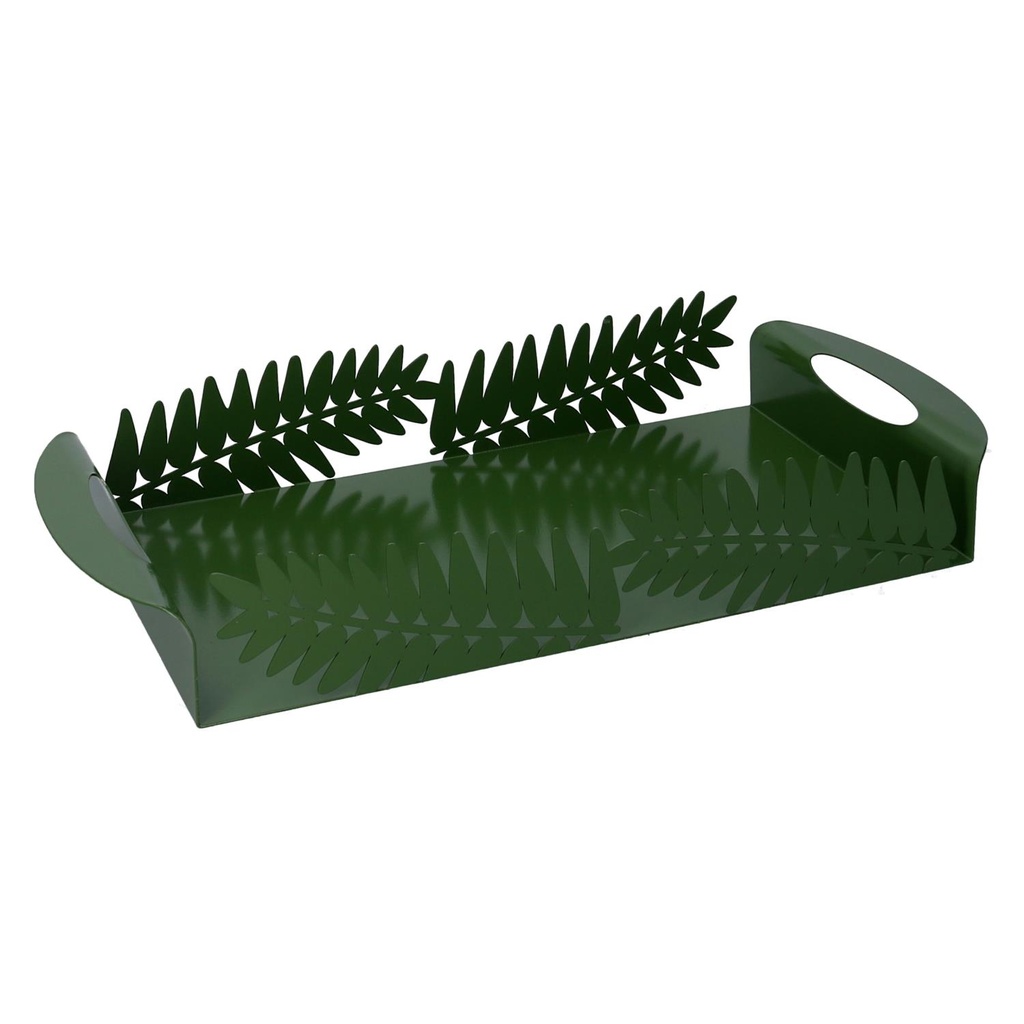 Vassoio rettangolare in metallo foglia alloro verde scuro 41x20x6,5 cm