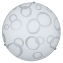 Plafoniera in vetro bianco decorato con cerchi ganci trasparenti diam.30 cm