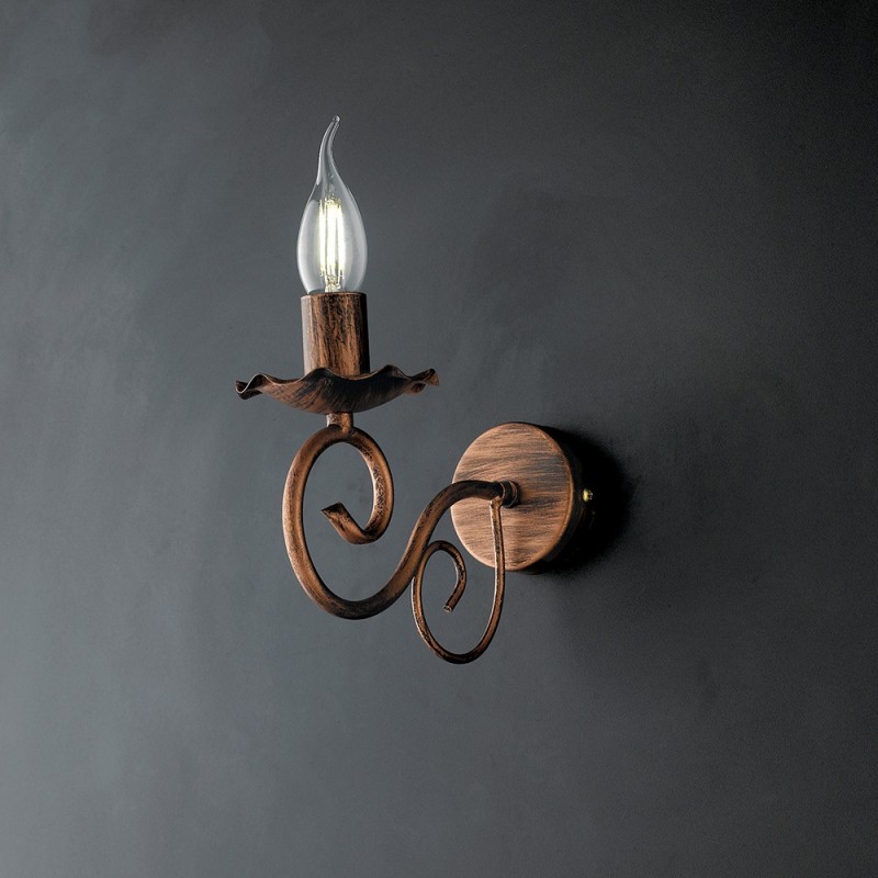 Applique in ferro nero con decorazione rame, una luce, 23x h17 cm