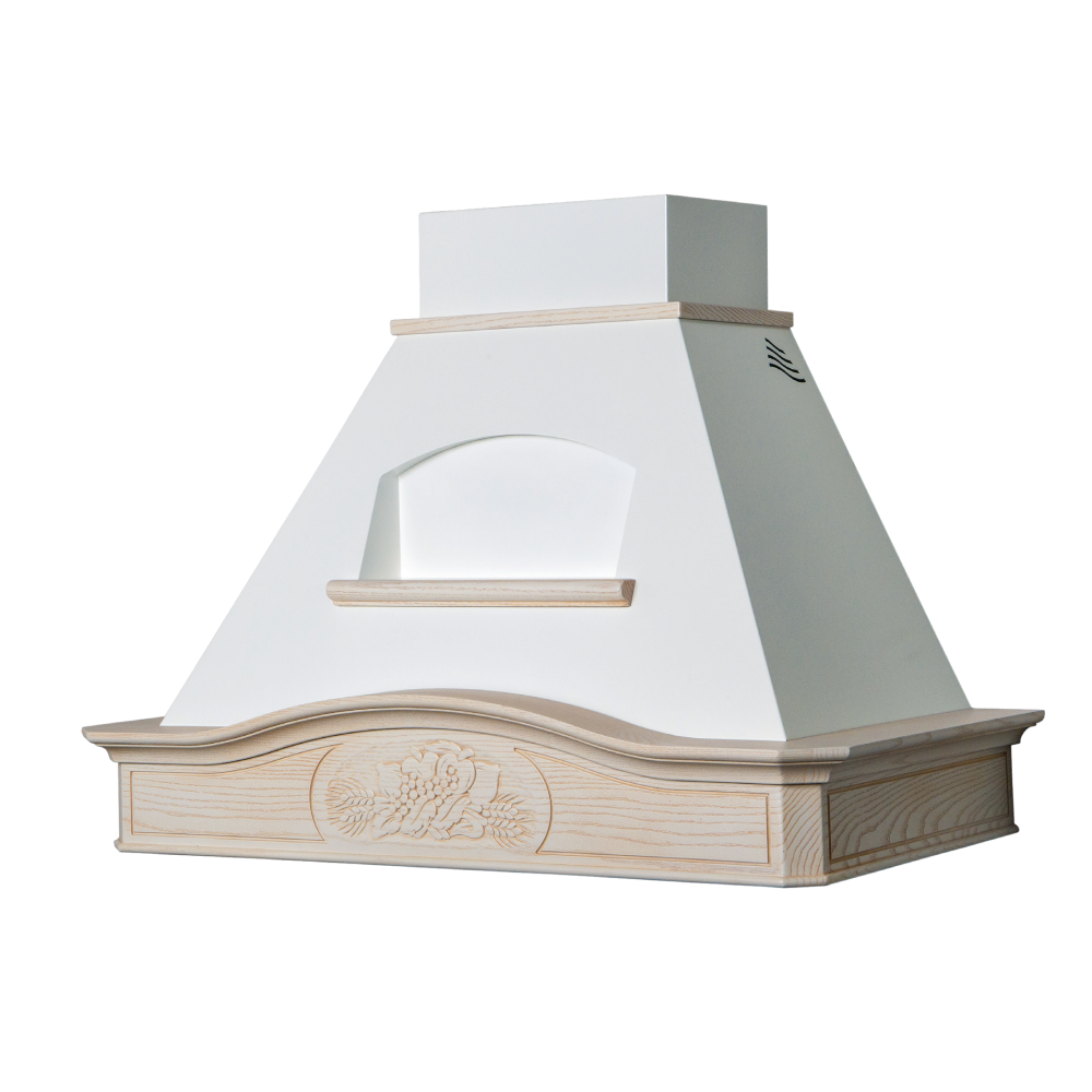 Cappa aspirante in acciaio inox bianco e legno intarsiato corda, cm 120x50x93