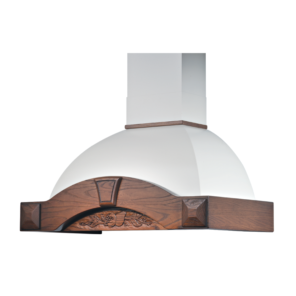 Cappa cucina rustica bianca con cornice in legno intarsio, dimensioni 90x50x56,7 cm