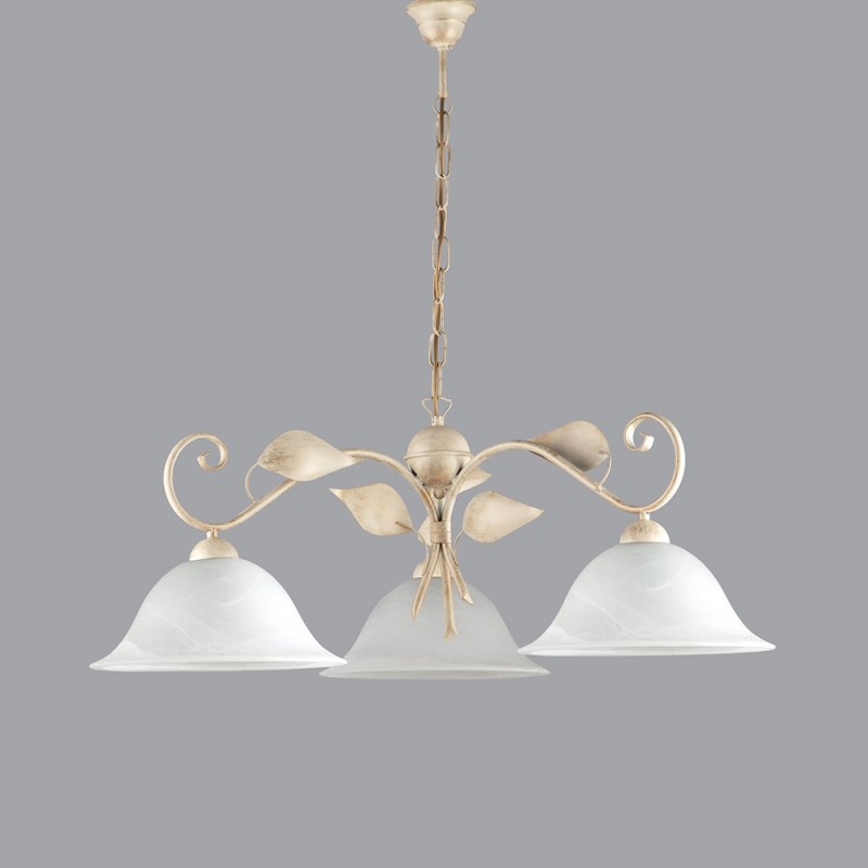 Lampadario a sospensione in ferro avorio oro tre luci 78x h34 cm