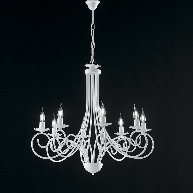 Lampadario a sospensione in ferro bianco shabby otto luci 67x h68 cm