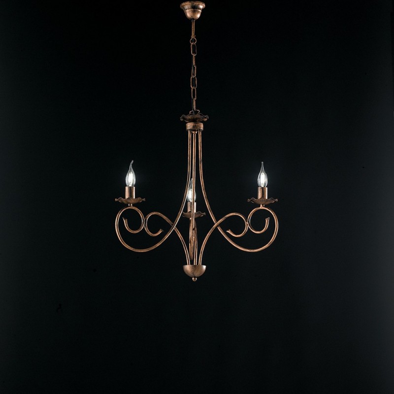 Lampadario a sospensione in ferro nero con decorazioni rame, tre luci, 50x h60 cm