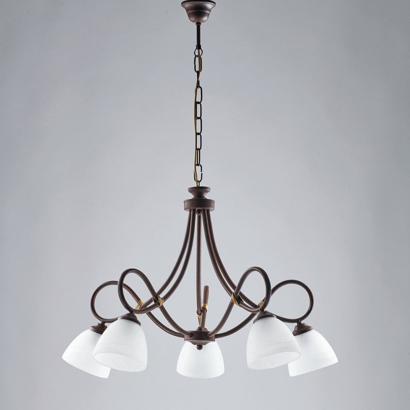 Lampadario Nero Ruggine Cinque Luci Paralumi Vetro Alabastro Bianchi 69x h52 cm