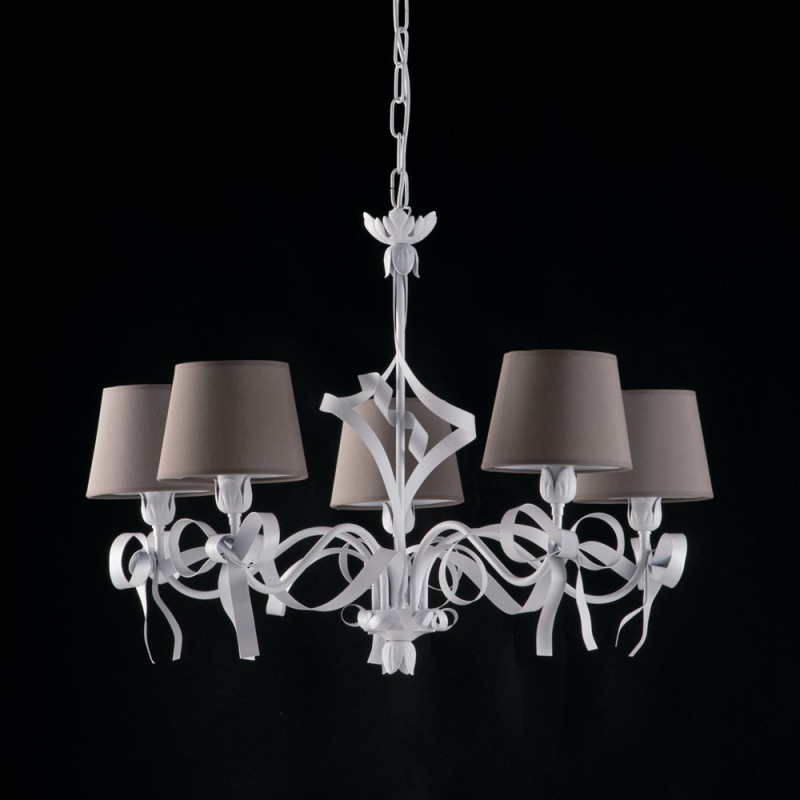 Lampadario Ferro Laccato Bianco con Decorazione Shabby 5 Luci - Altezza 53 Cm, Diametro 70 Cm