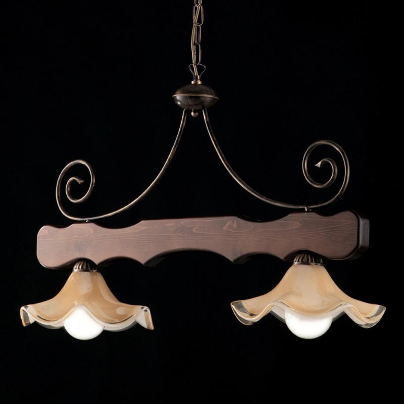 Lampadario in Legno e Ferro Noce Antico con Paralumi in Vetro 88x h50 cm