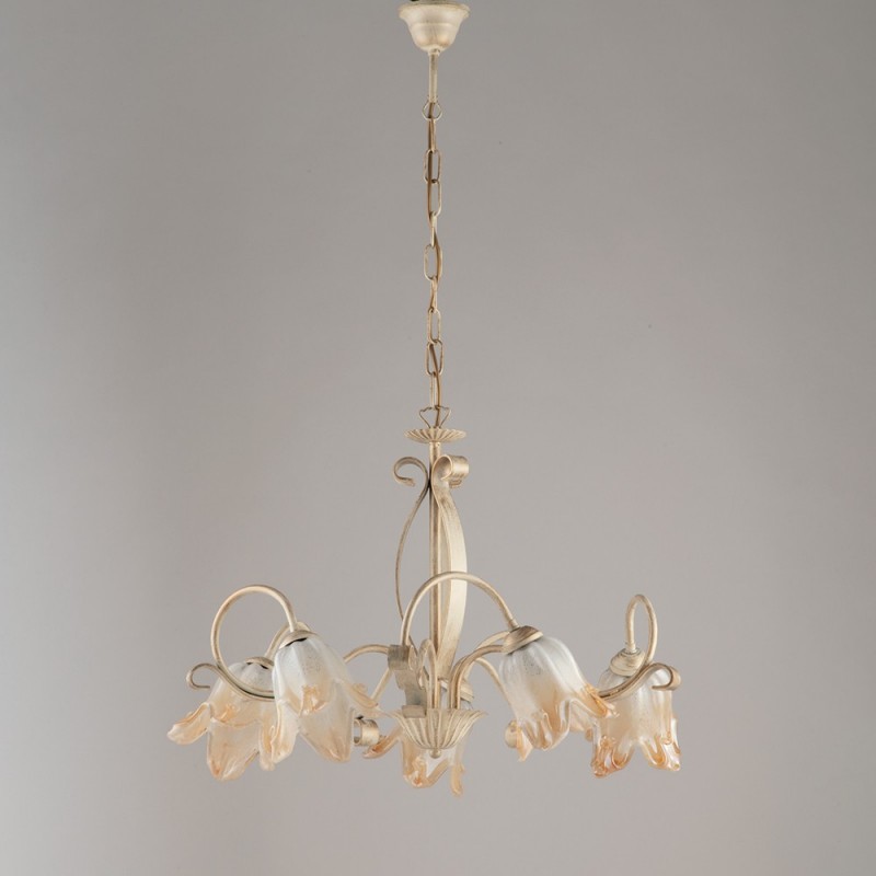 Lampadario in ferro avorio oro con paralumi in vetro bianco ambra 64x h45 cm