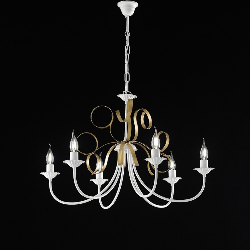 Lampadario in Ferro Bianco Shabby Oro 6 Luci 73x50 cm