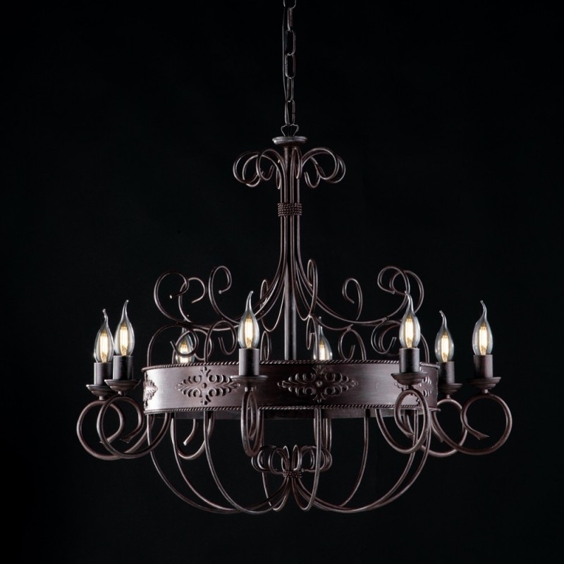 Lampadario in ferro laccato nero con decorazione ruggine 8 luci 76x66 cm