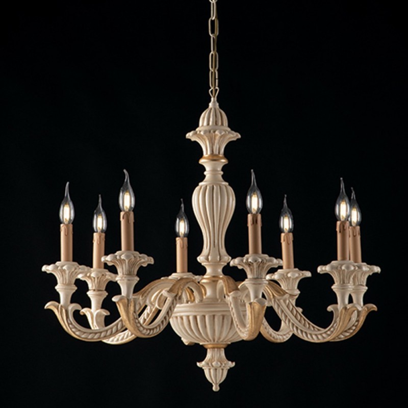 Lampadario in legno avorio e foglia oro otto luci 80x h70 cm