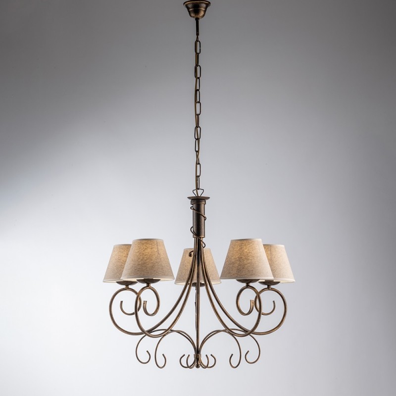 Lampadario Marrone Oro cinque luci paralumi effetto tessuto 60x h58 cm