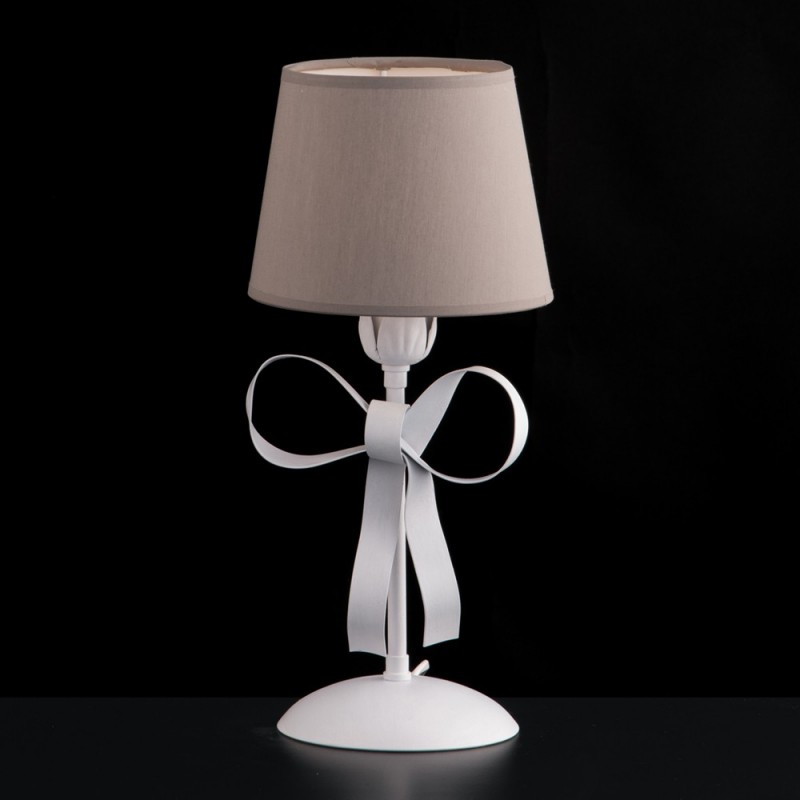 Lumetto comodino in ferro laccato bianco shabby con paralume in pvc tortora - Altezza 35 Cm, Diametro 16 Cm